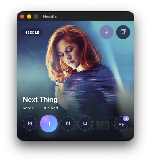 Needle's compact mini player with full-bleed album art and transport controls